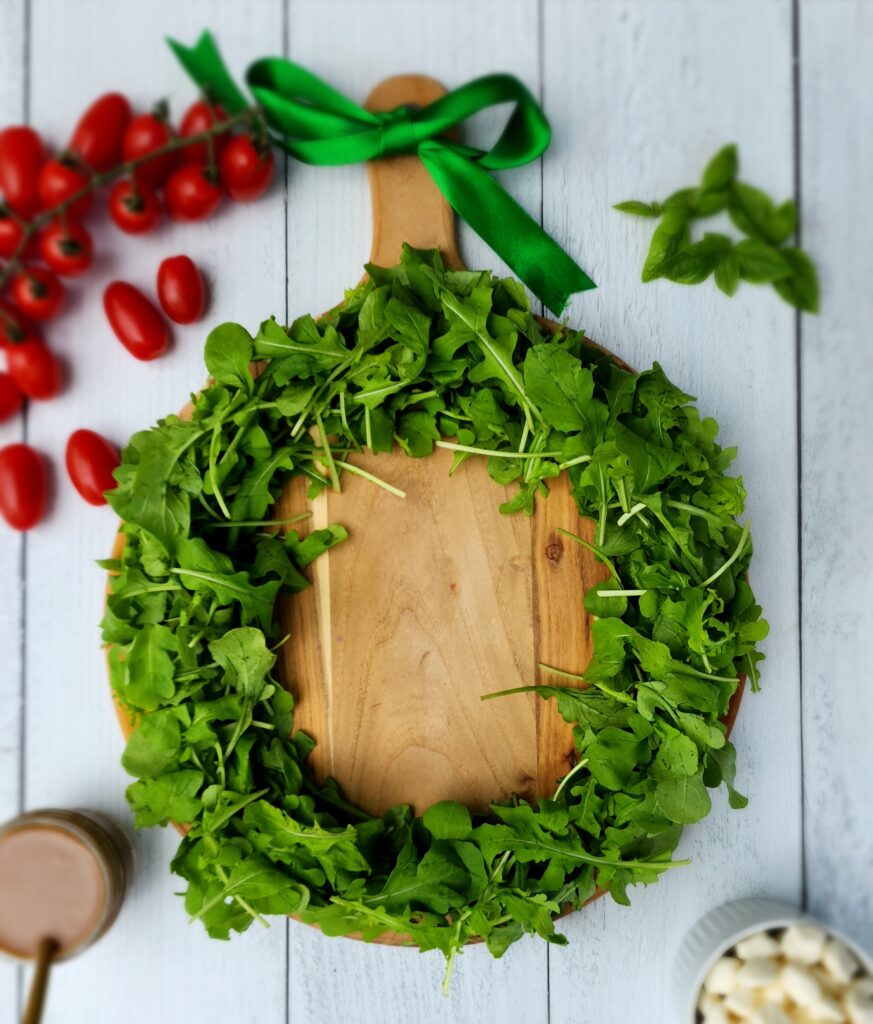 Caprese Christmas Wreath just the arugula