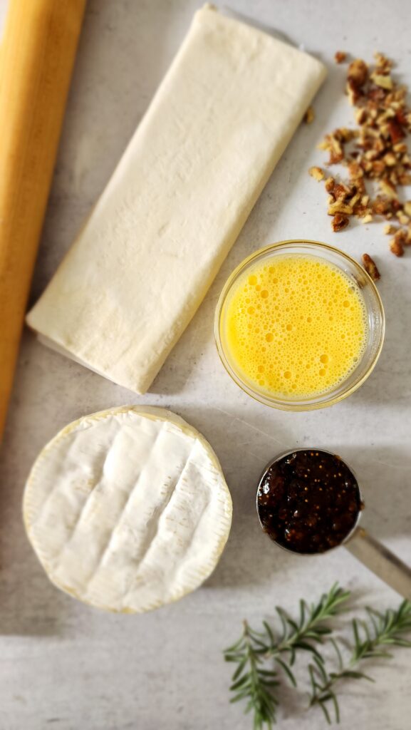 Ingredients for Baked Brie in Puff Pastry - brie, jam, nuts, egg wash