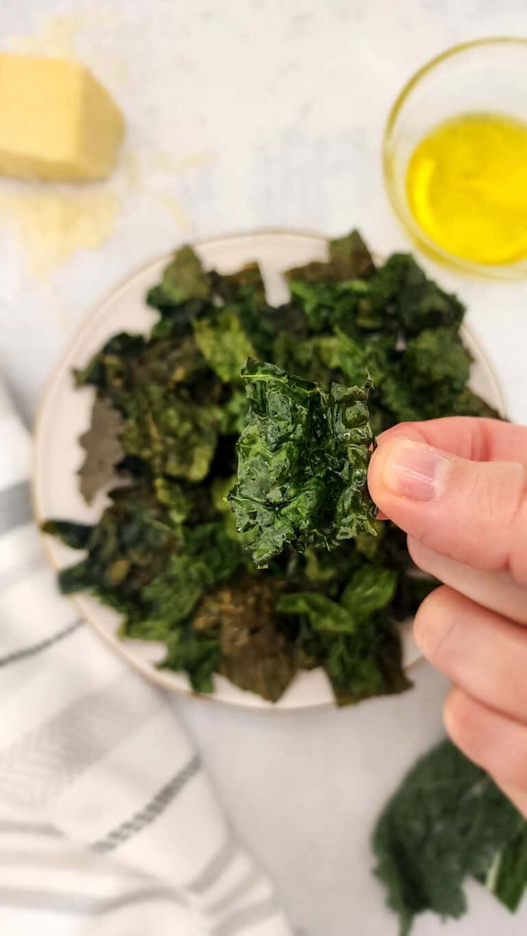 air fryer kale - close up with one chip in my hand
