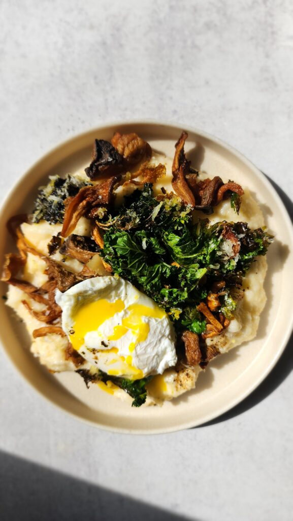 Rosie's Restaurant - Wild Mushroom, Charred Kale, Poached Egg, Herb Gremolata, and Parmesan