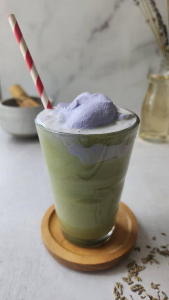 Iced Lavender Cream Matcha Latte 45 degree angle