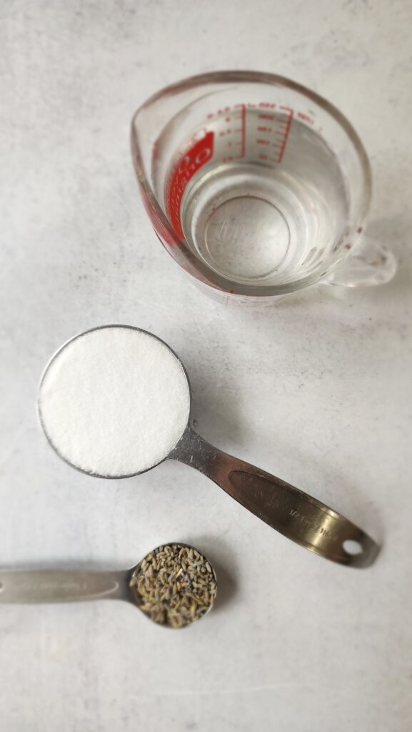 ingredients for lavender simple syrup: water, sugar, culinary lavender