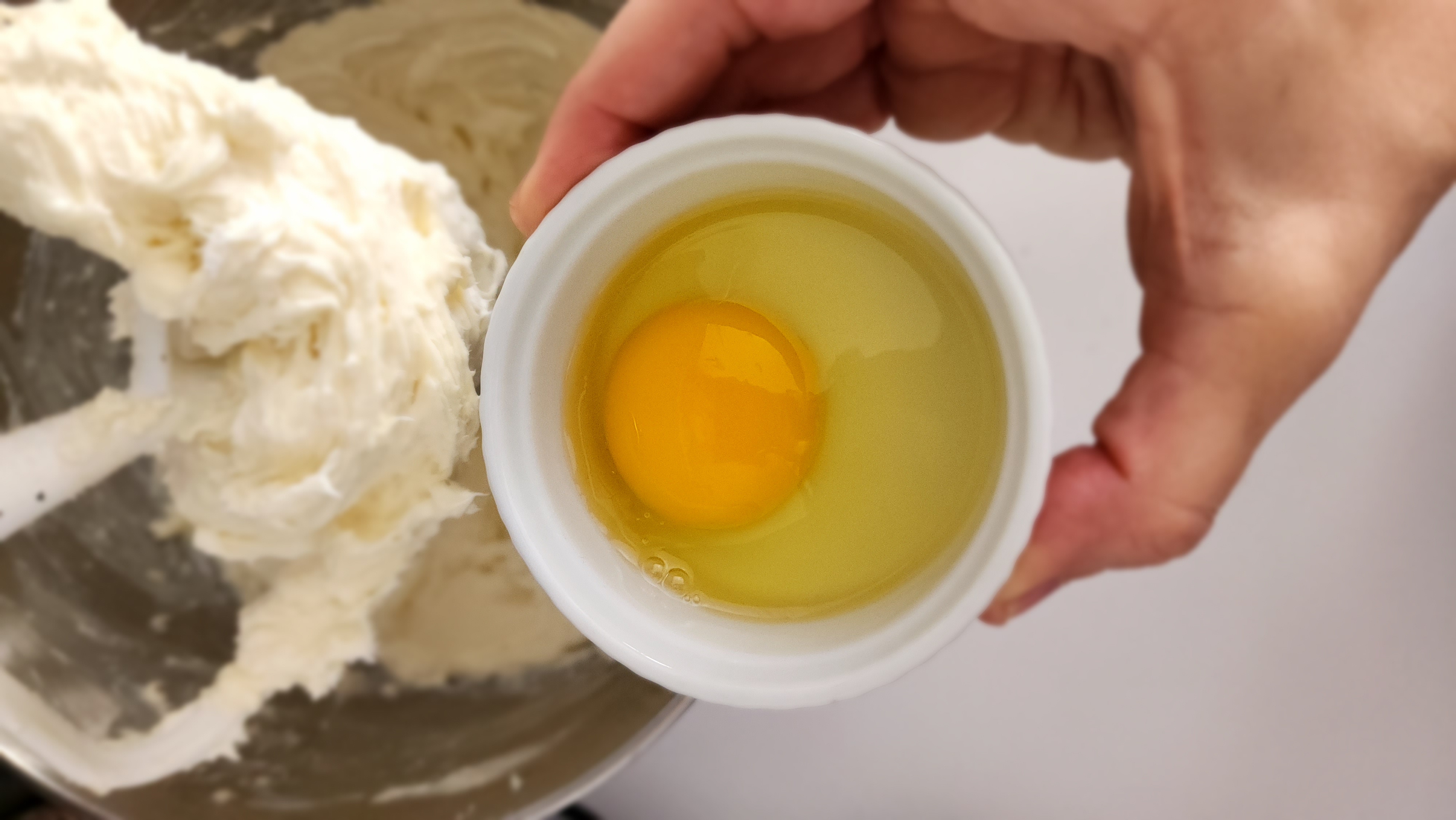 adding egg to the stand mixer bowl of the ingredients whipped together for mini cheesecakes