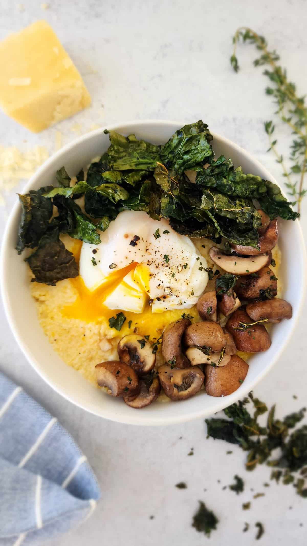 Polenta, Kale, Mushroom, Poached Egg Bowl