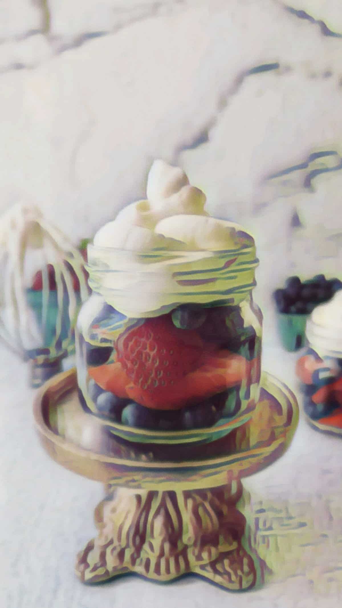 final shot of a small glass with berries and fresh whipped cream on top as an oil painting

