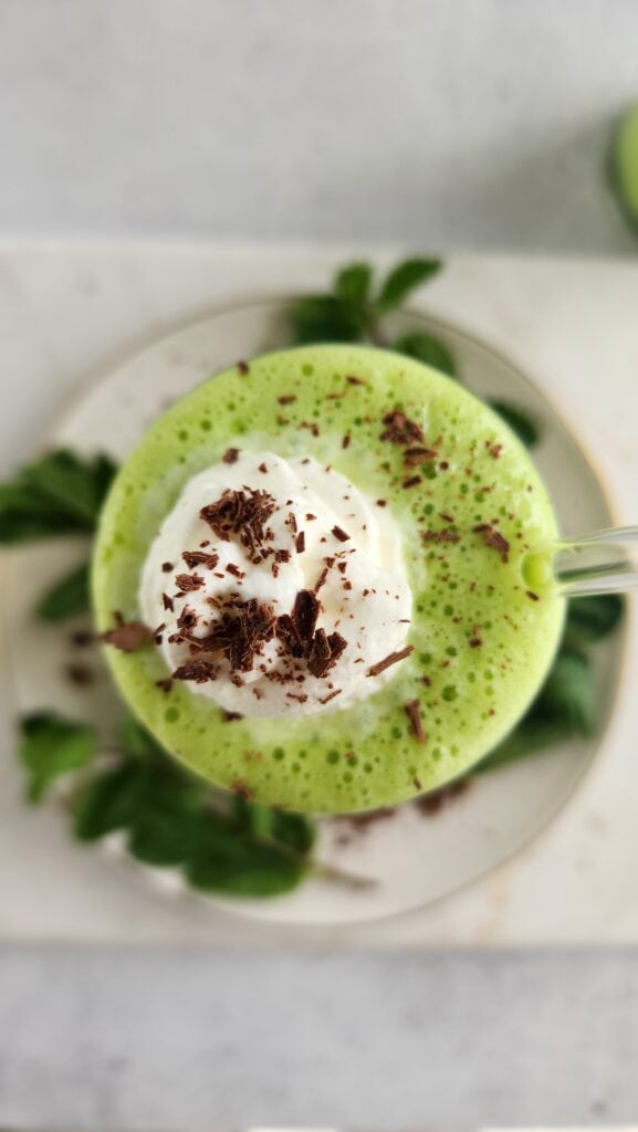 top shot of a mint smoothie {Copycat Shamrock Shake}