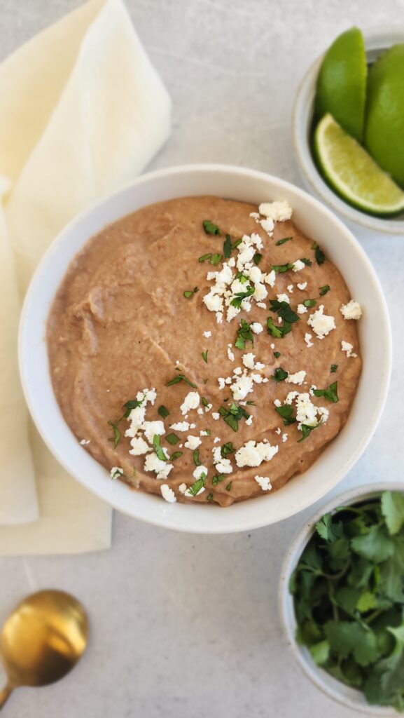 top shot of homemade refried beans in a bowl