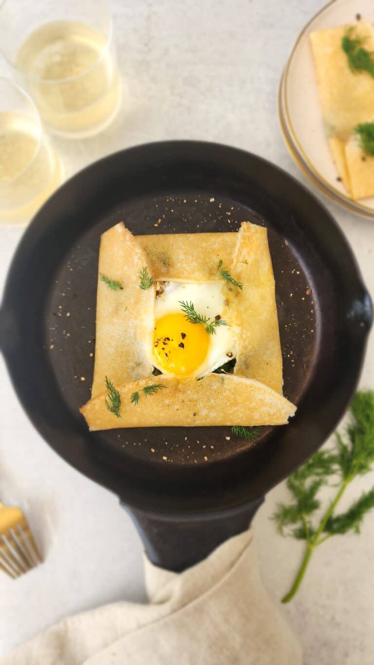 savory crepe in a cast iron skillet