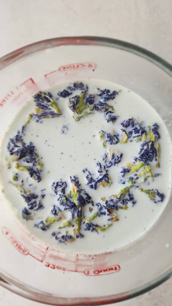 Butterfly pea flowers steeping in milk stage 2