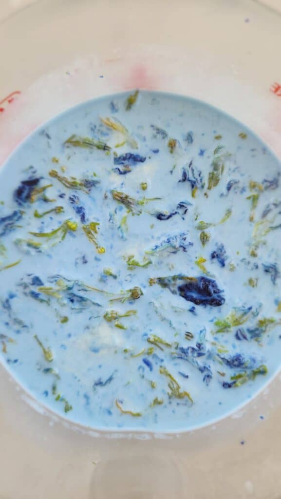 butterfly pea flowers steeping in milk with a deeper blue hue