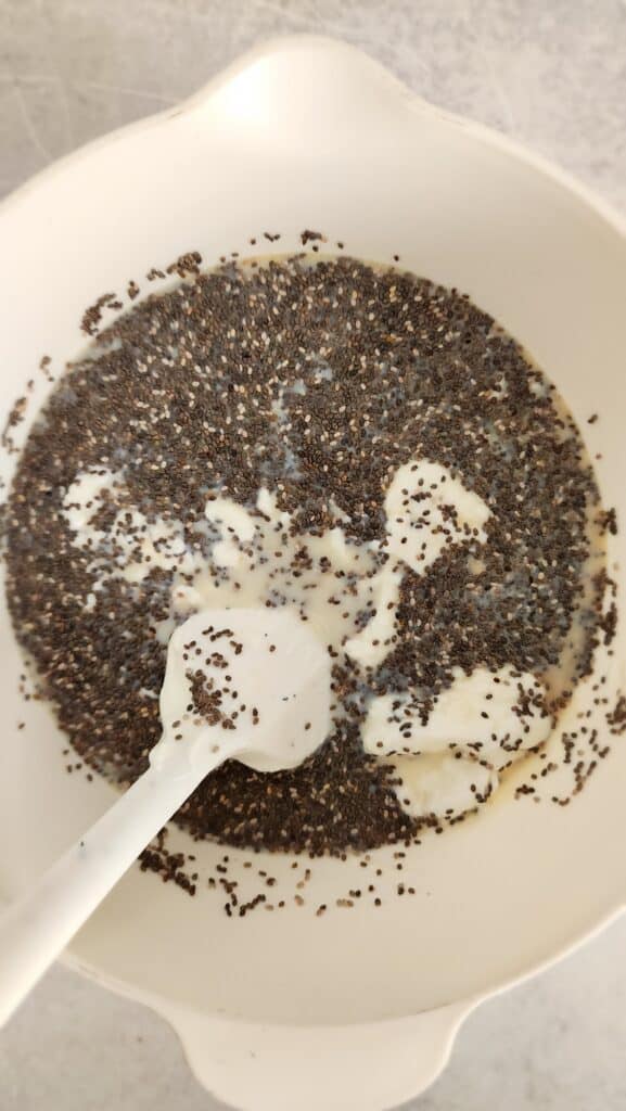 adding all the chia seeds in before mixing for Greek Yogurt Chia Seed Pudding
