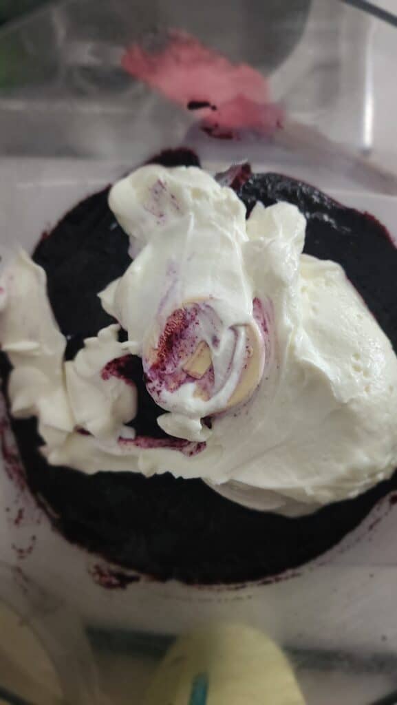 adding Greek yogurt to the pureed blueberries to make frozen blueberry yogurt