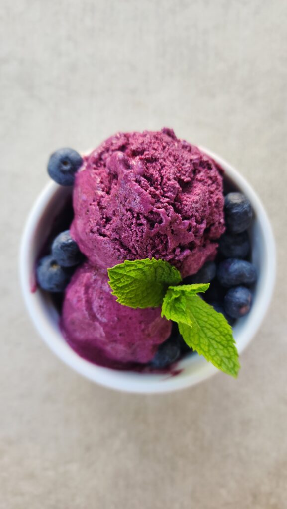 a few scoops of Frozen Blueberry Yogurt with a few blueberries in the cup and a garnish of a mint sprig