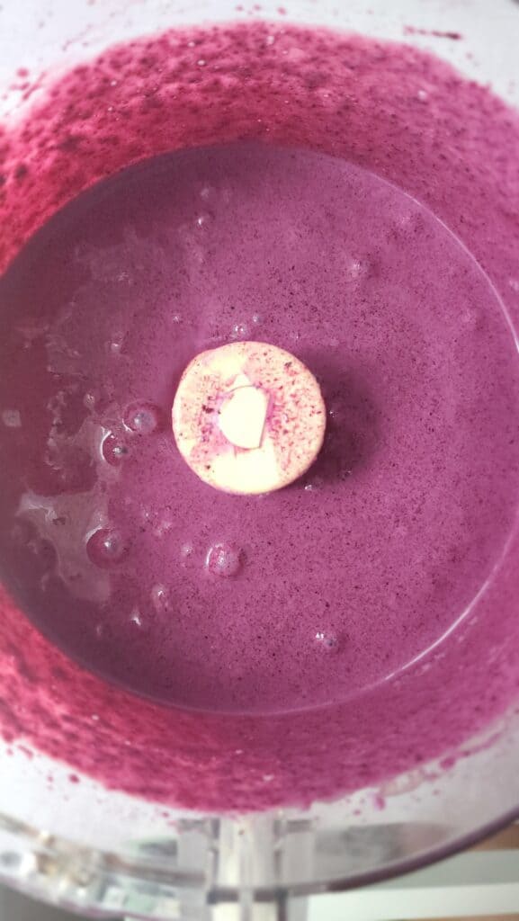 Greek yogurt mixed with blueberry mixture pureed in a food processor for Frozen Blueberry Yogurt