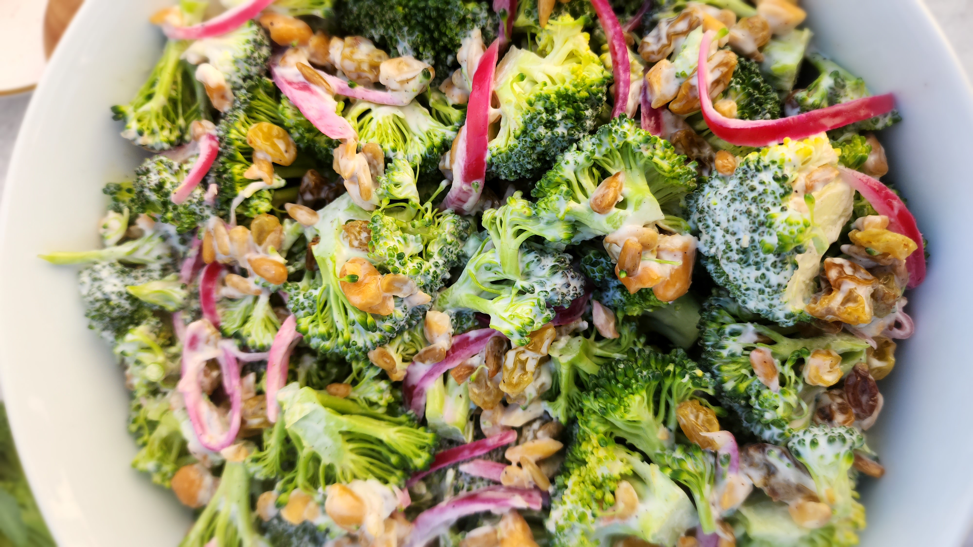 close-up of broccoli salad in a bowl