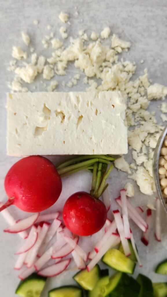 close-up of feta cheese for lemon couscous salad