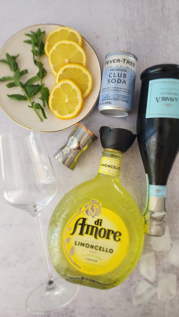 ingredients for a limoncello spritz: limoncello, prosecco, club soda, lime slices, mint sprigs