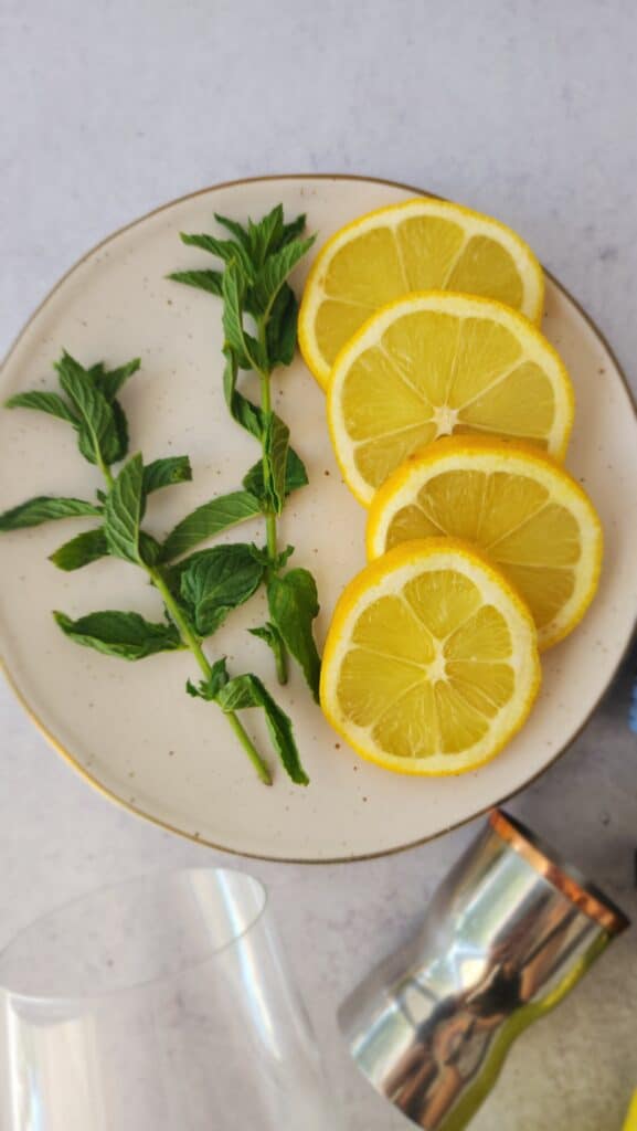 plate of mint sprigs and lemon slices for limoncello spritz