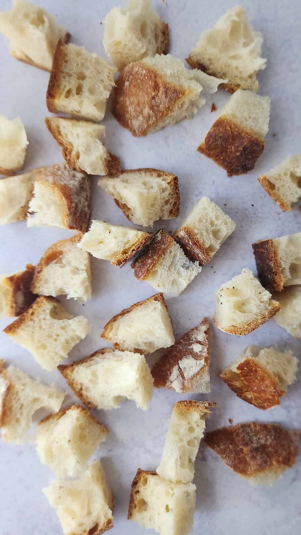 sourdough bread cut into cubes for toasting for panzanella salad