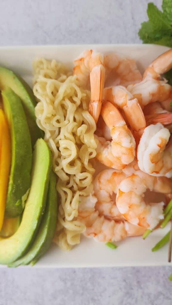 shrimp, noodles, avocado slices for shrimp spring rolls