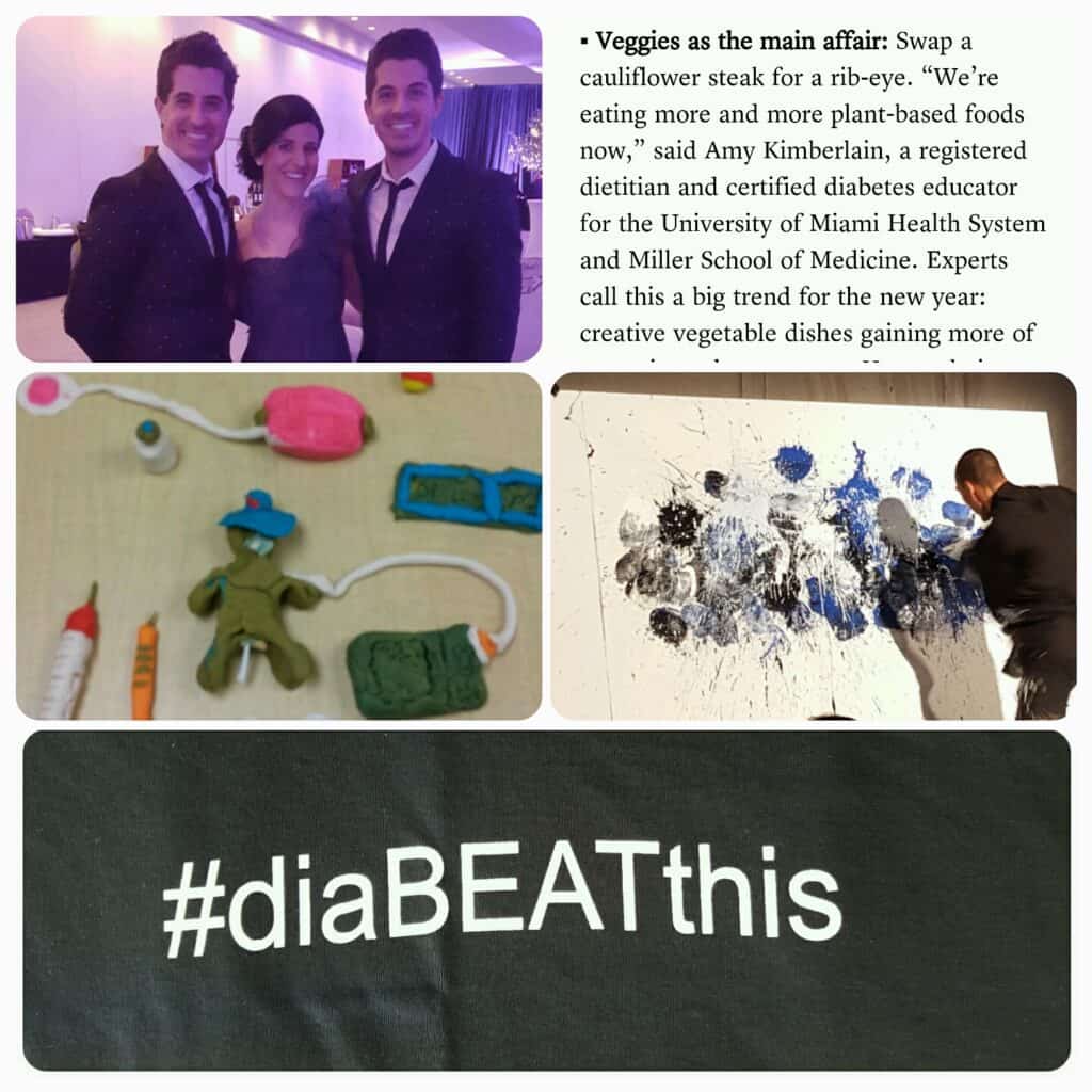 collage of pictures: an artist painting; playdough made into an insulin pump, #diaBEATthis