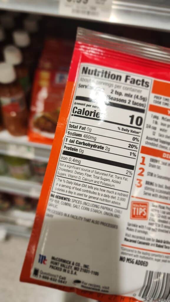 nutrition label for taco seasoning