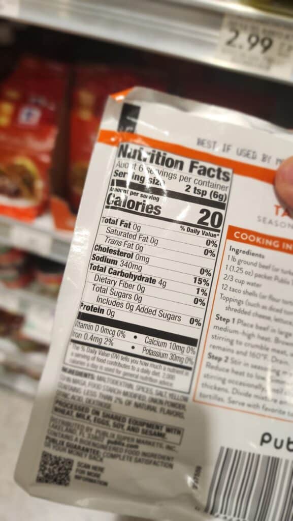 nutrition label for taco seasoning
