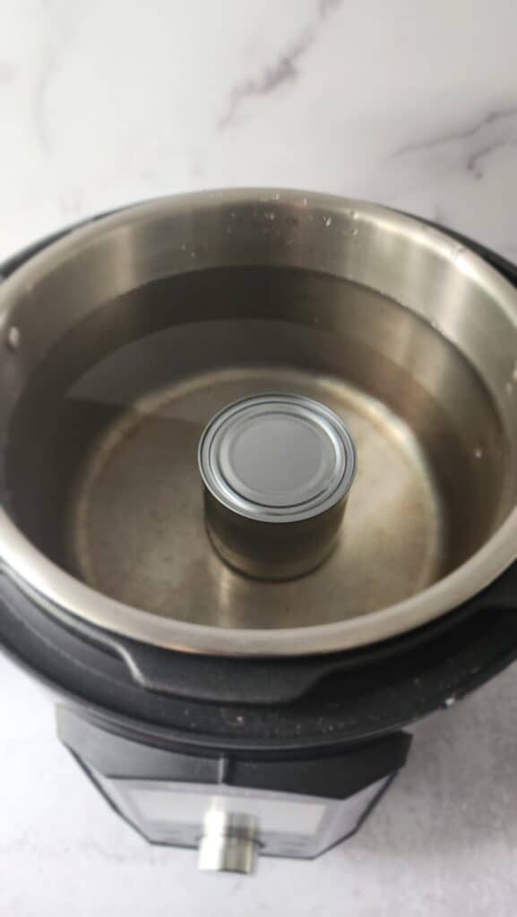 can of dulce de leche immersed in the water ready to cook in the instant pot