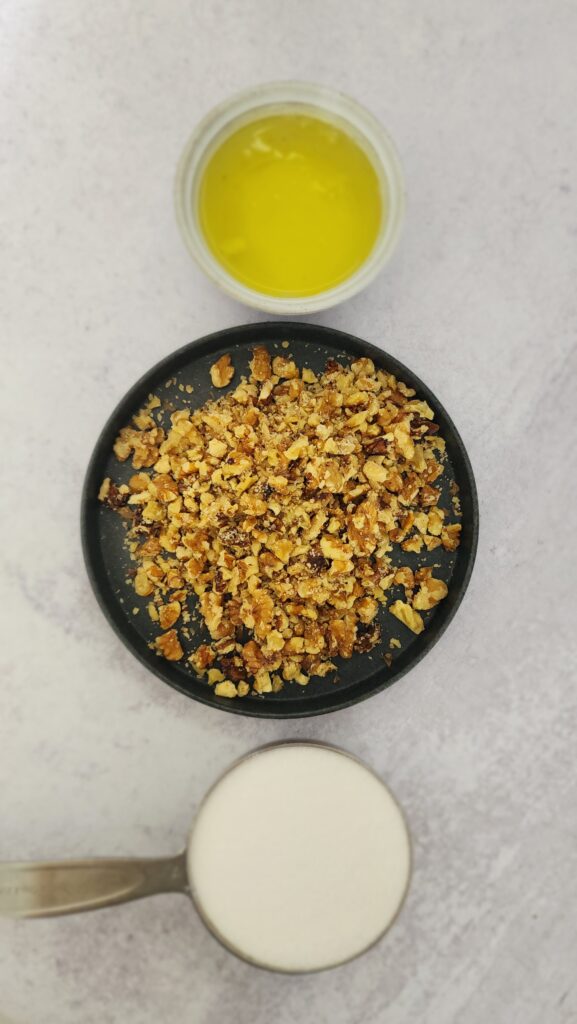 ingredients for the strawberry pavlova: walnuts, egg whites, sugar