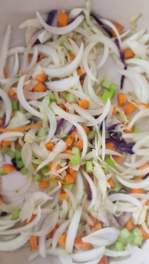 sauteed carrots, onions, celery, and cabbage for Easy Ribollita Soup