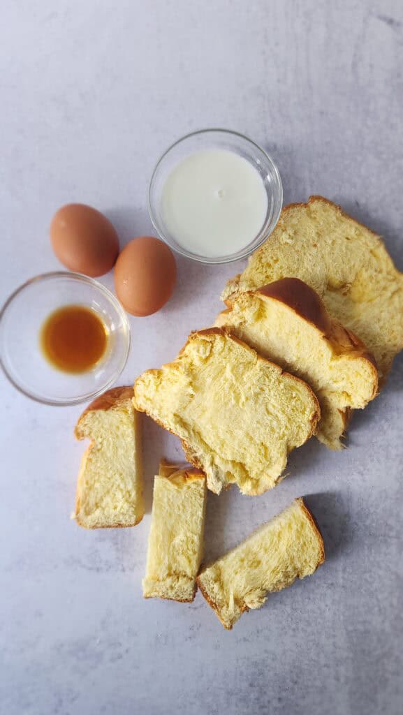 ingredients for Air Fryer French Toast Sticks: Brioche bread, egg, milk, vanilla