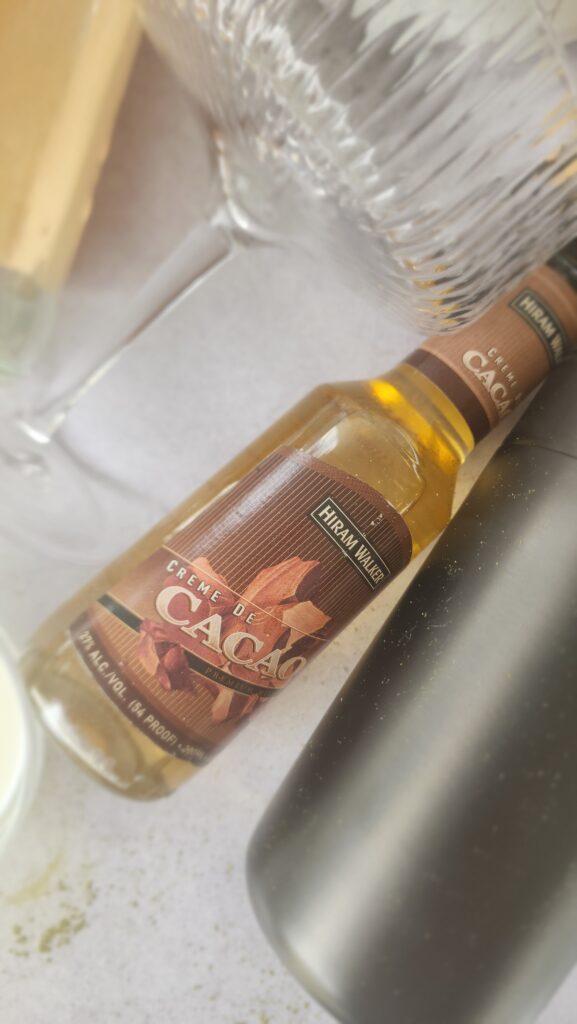bottle of white chocolate creme de cacao for a matcha martini