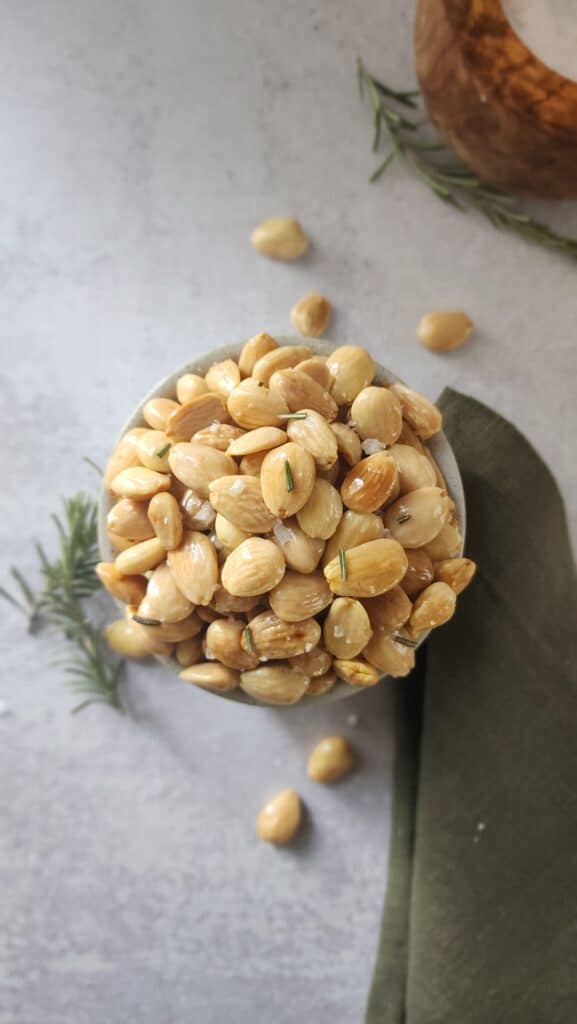 top shot of a bowl full of Rosemary Marcona Almonds