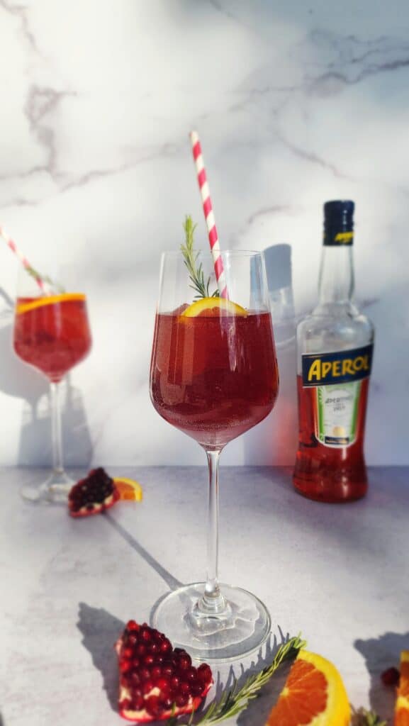 Front facing picture of a holiday Aperol spritz