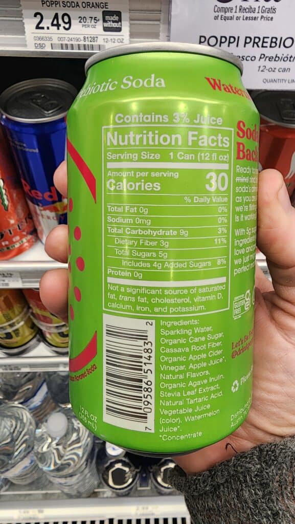 can of prebiotic soda showing the amount of fiber