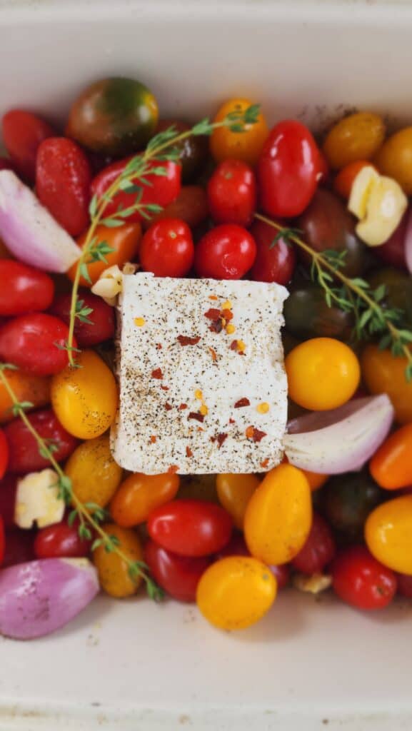 the baked feta pasta pre-bake in the baking dish