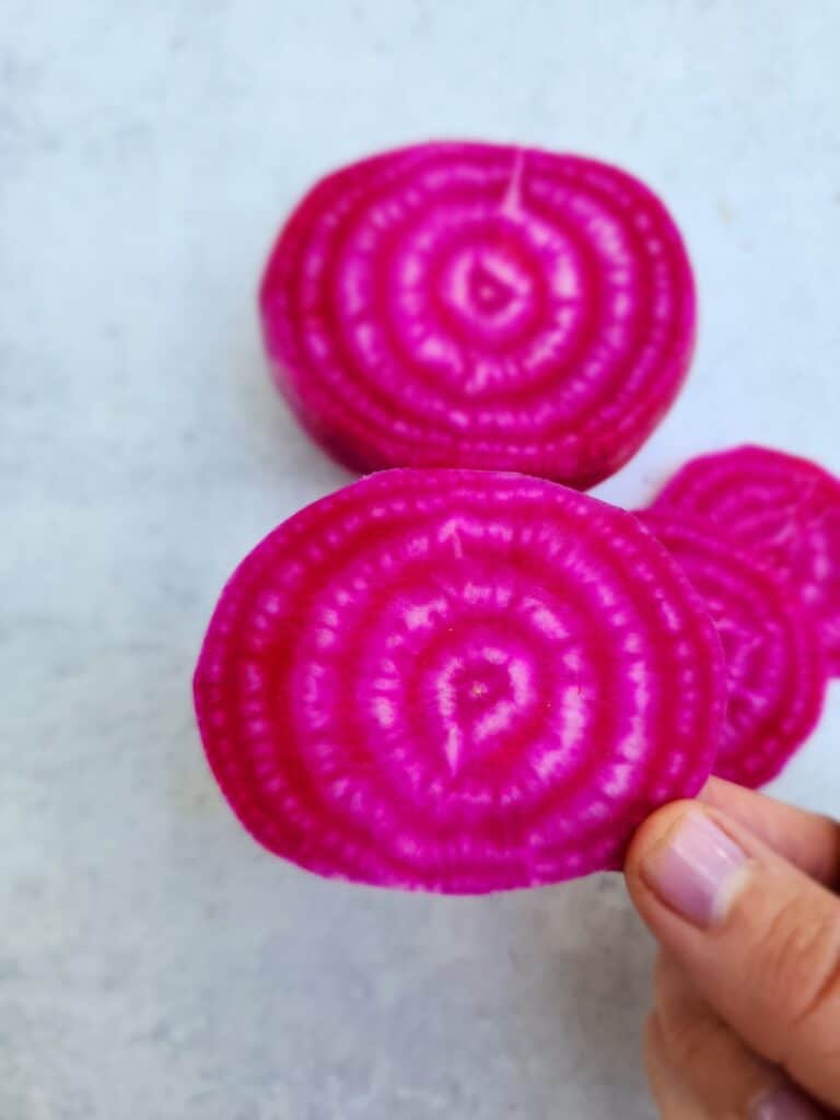 slice of a chiogga beet for Sliced Beet and Apple Salad