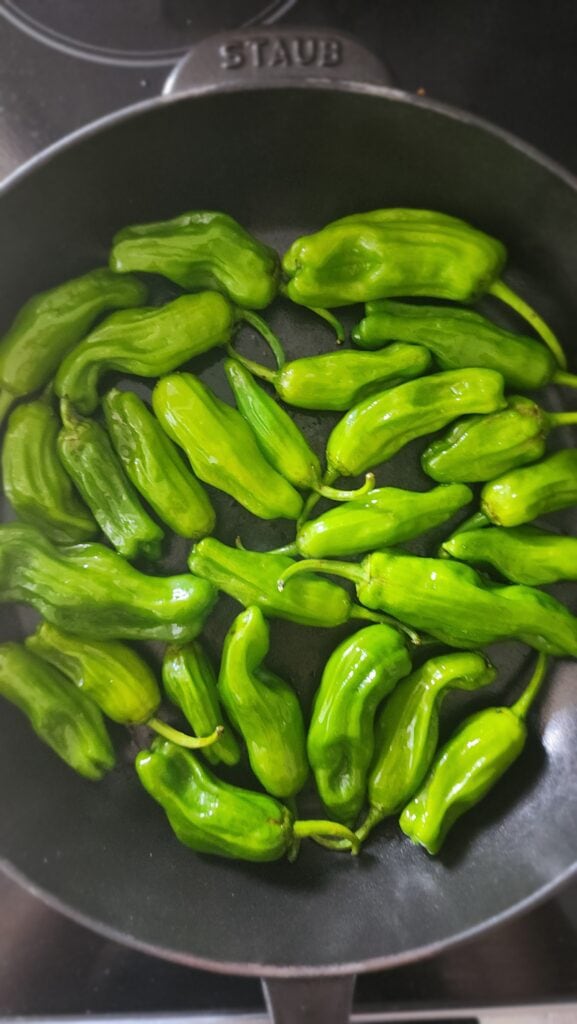 cast-iron pan about to cook/char the shishito peppers