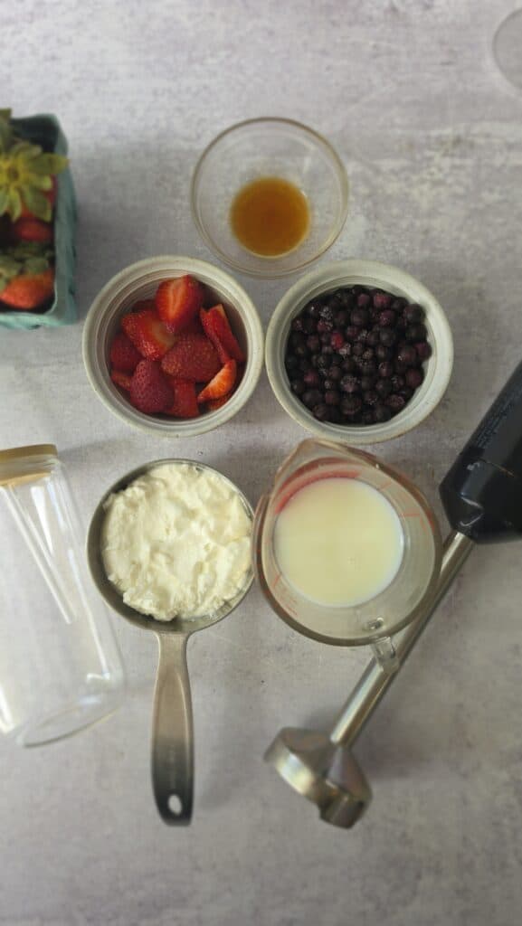 ingredients for a copycat Chobani Yogurt drink: Greek yogurt, milk, vanilla, and fruit