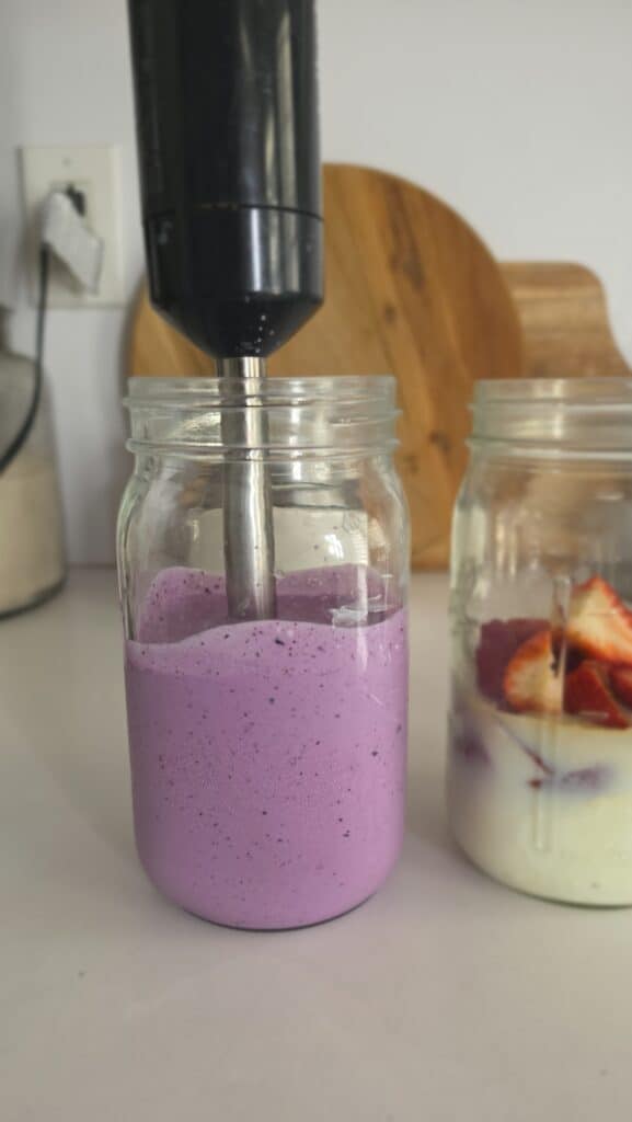 post-blending the ingredients to make a copycat Chobani Yogurt drink