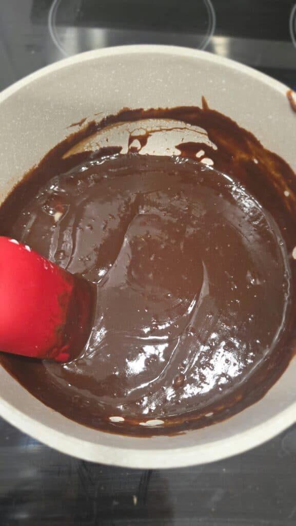 after mixing in the dark chocolate and butter for hot fudge sauce