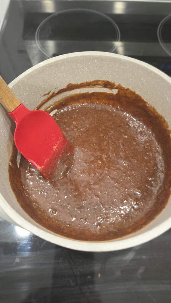 post-stir in for the ingredients for hot fudge sauce