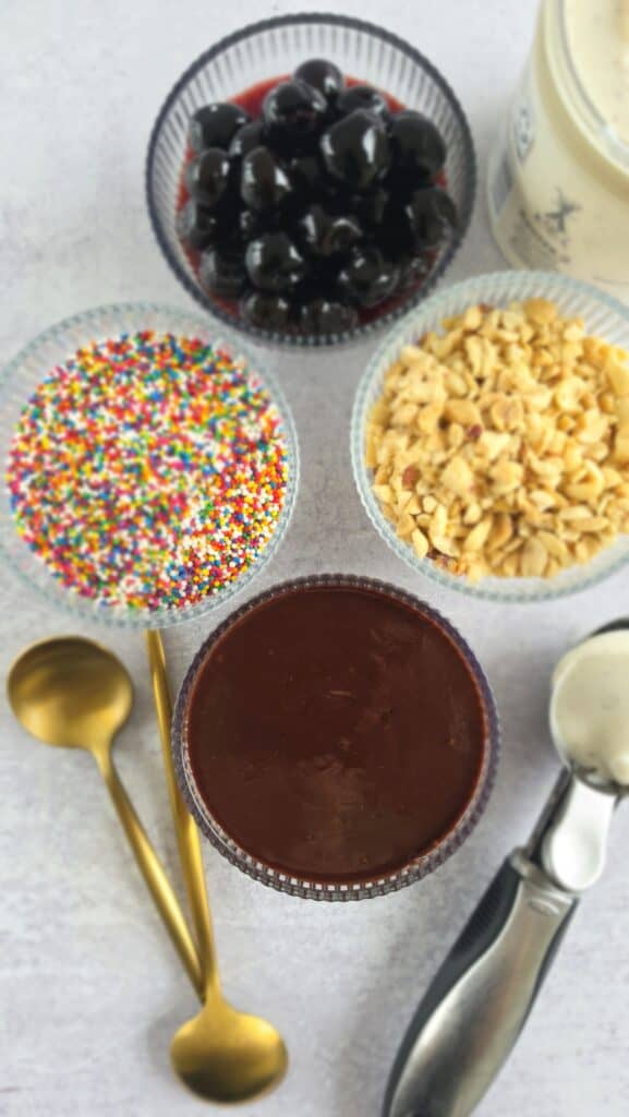 toppings for hot fudge sauce: crushed peanuts, sprinkles, cherries