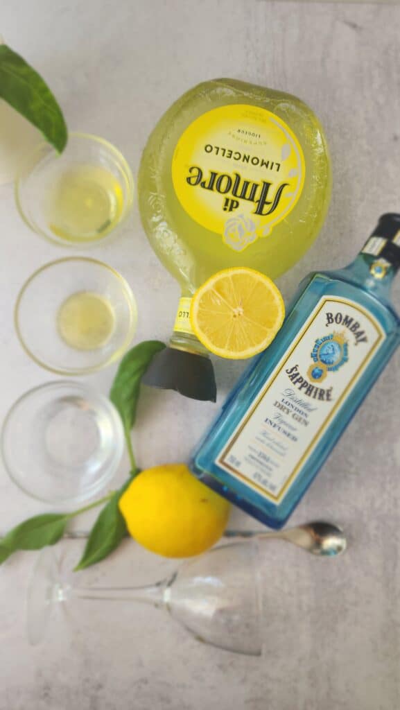 ingredients for a storm sour: vodka, limoncello, lemon juice, olive oil, egg white, basil leaves, simple syrup