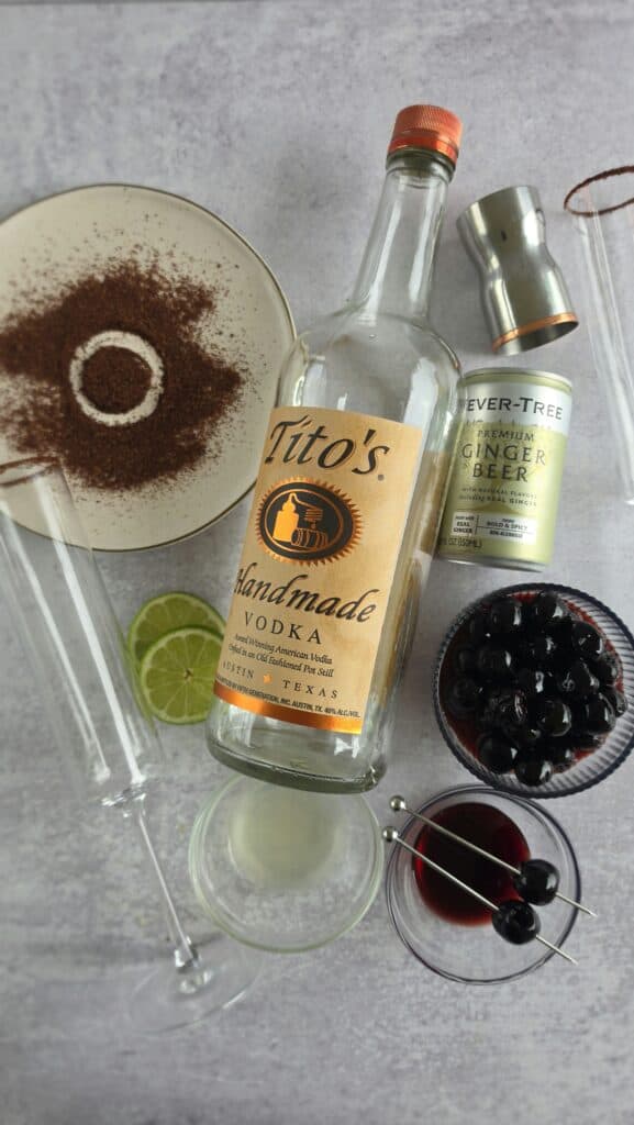 ingredients for a cherry bomb Mule: vodka, ginger beer, cherry syrup