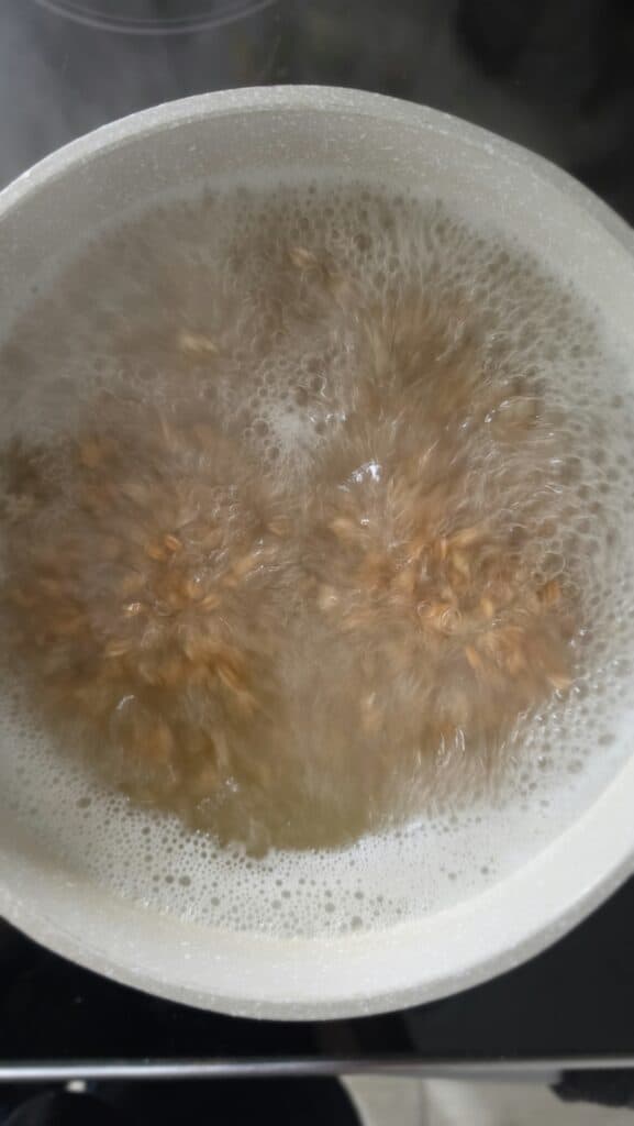 farro in a measuring cup about to cook in a rolling boil