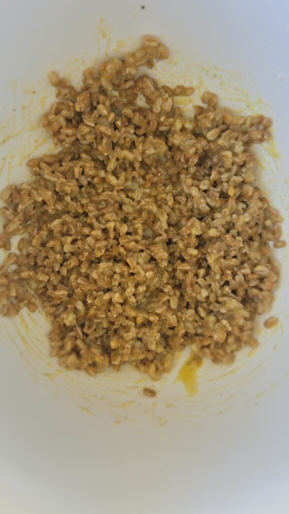 cooked farro coated with lemon vinaigrette