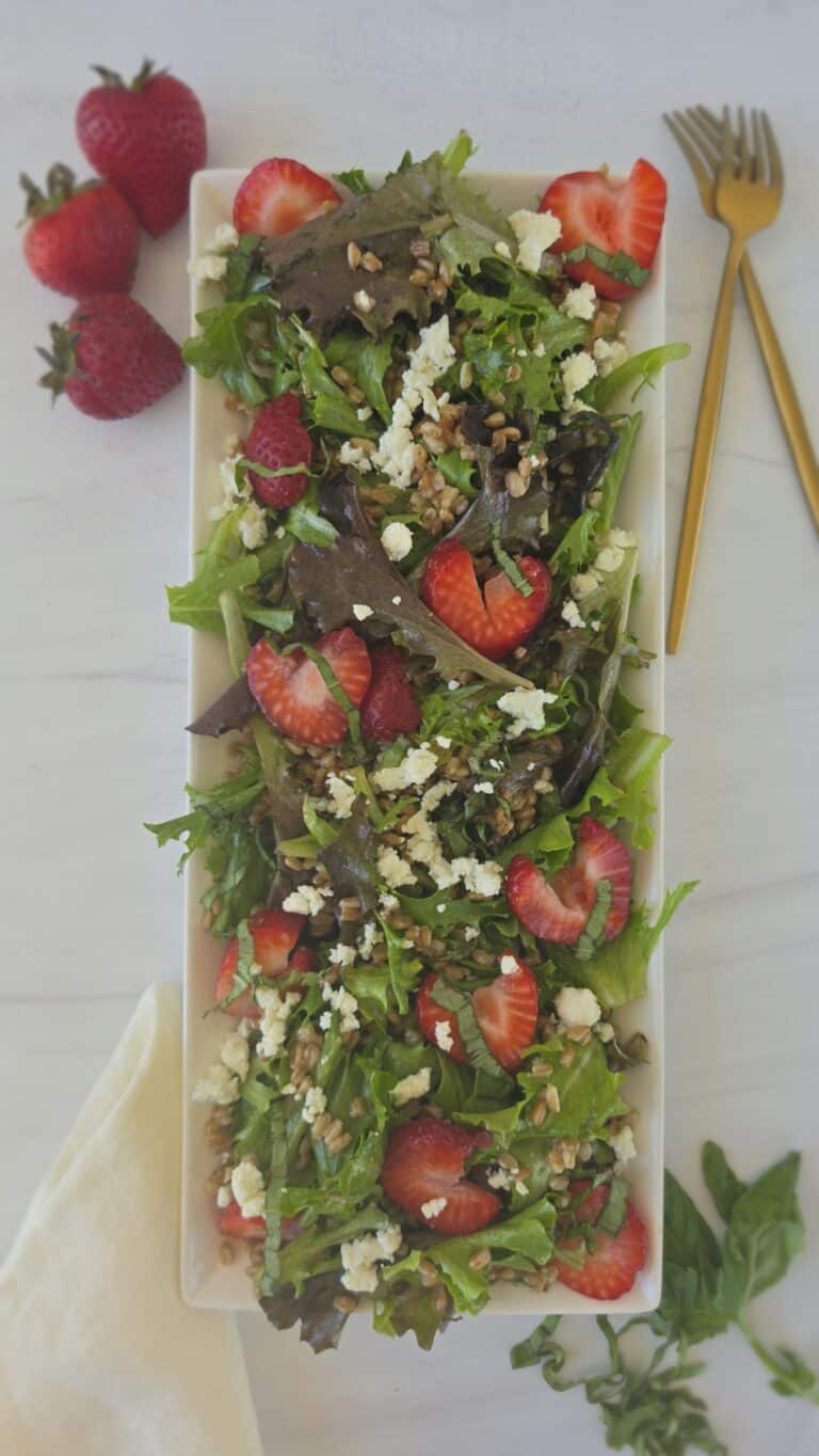 summer farro salad with strawberries and feta cheese
