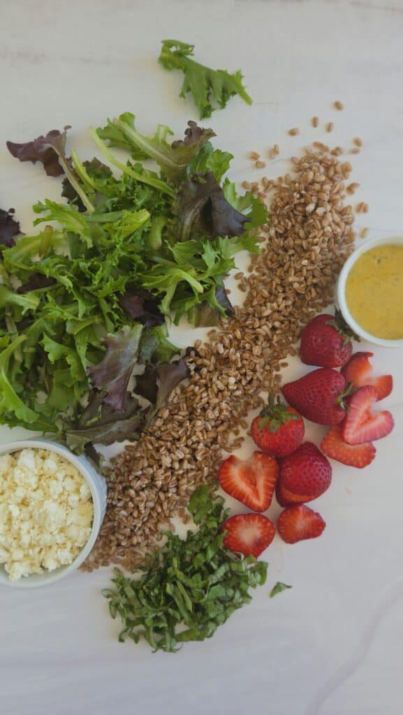 ingredients for a summer farro salad - farro, strawberries, feta cheese, lemon vinaigrette