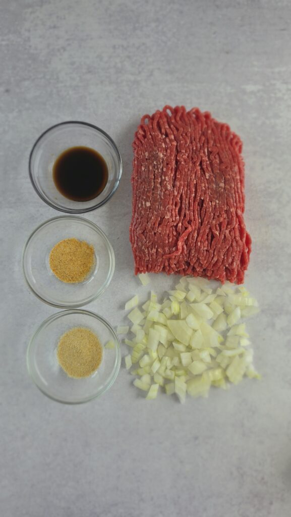 ground beef, spices, and onion for burger bowls